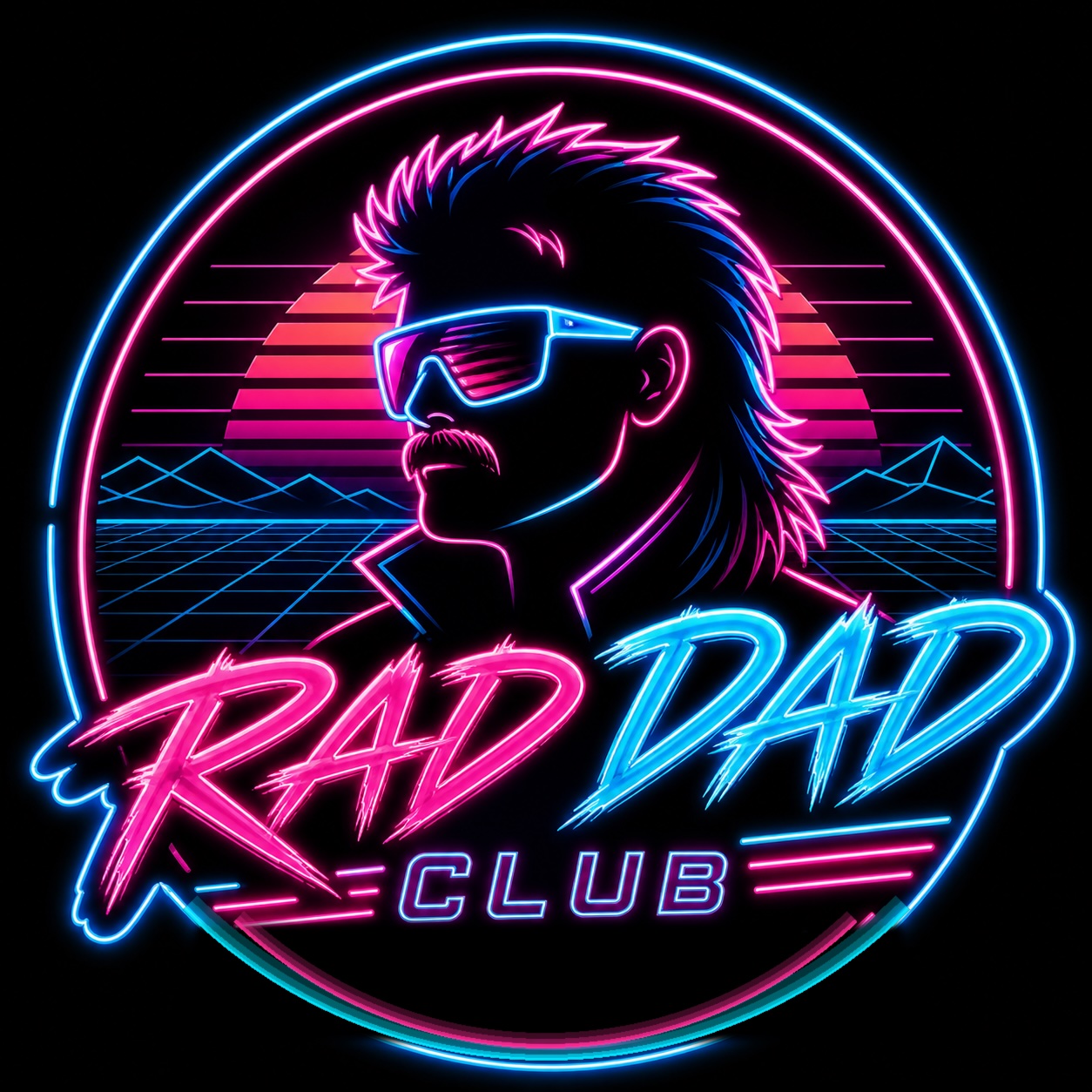 The Rad Dad Club — neon logo of a man in shades with a mullet against a retrowave sunset